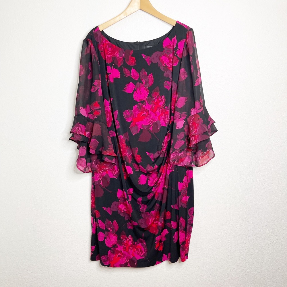 Jessica Howard Womens 24W Pink Floral Ruffle Bell Sleeve Drape Sheath‎ Dress NEW